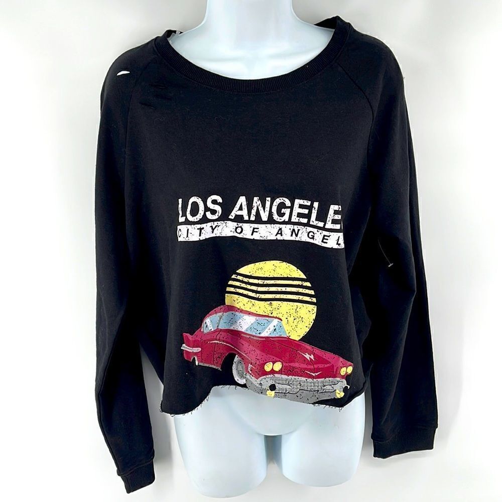 Derek heart distressed slashed cropped Los Angeles sweatshirt vintage car NEW 1X - Picture 5 of 11
